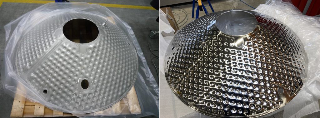 Full-size sample of a hydroformed component of the thermal radiation shield, before and after polishing.