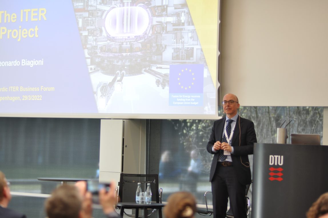 Leonardo Biagioni, F4E Commercial Department, starting his talk on the ITER Project. Technical University of Denmark, March 2022.