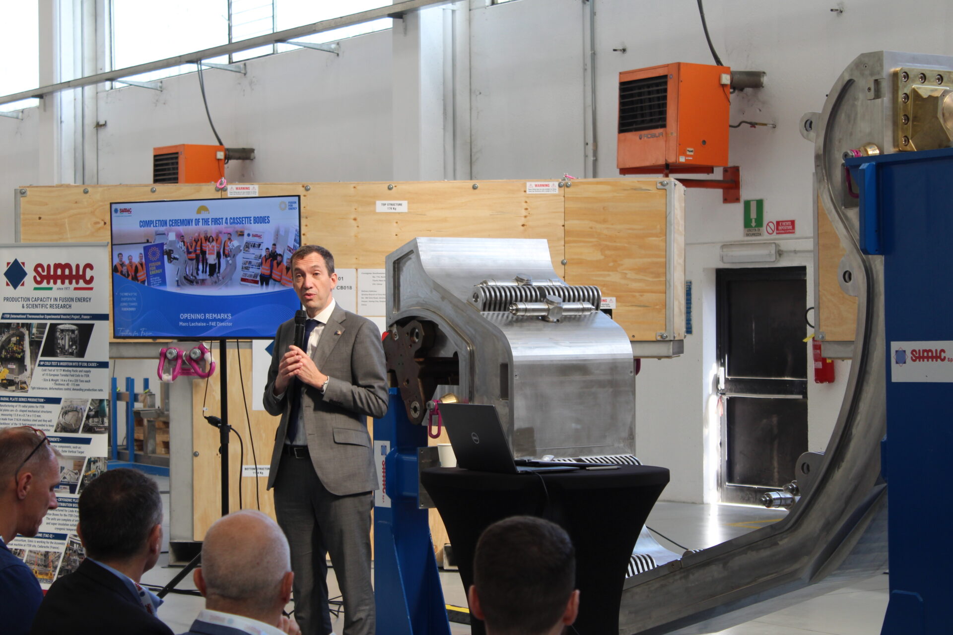 F4E Director Marc Lachaise praised the team’s perseverance and expertise at the ceremony in Camerana. ©SIMIC
